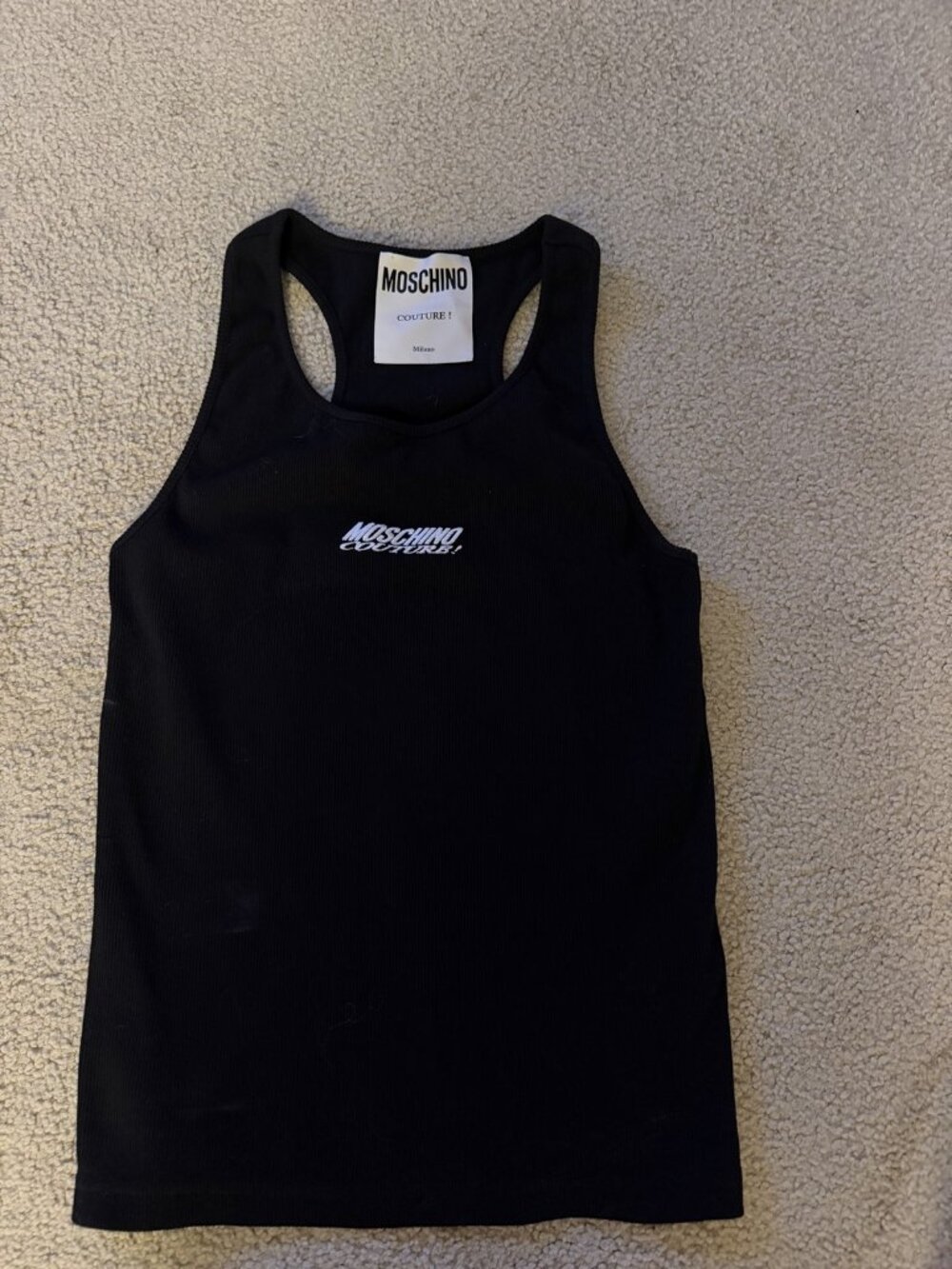 Moschino Couture Black Ribbed Tank Top ā Logo ā IT 48 US 12